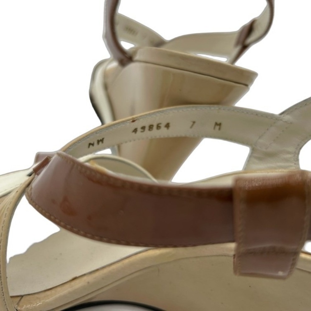 Stuart Weitzman Wedge Sandals Women's Size 7M‎ Tan Patent Leather Strappy - Picture 6 of 6
